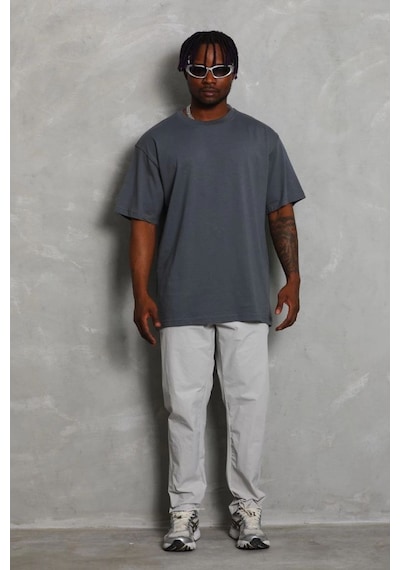 Erkek Düz Yazlık Kısa Kol Tişört Bisiklet Yaka Oversize T-shirt - Füme