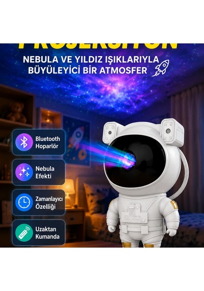 Astronot Nebula Yıldız Ve Ay Projeksiyon Lambası Bluetooth, Uzaktan Kumanda Ve Zamanlayıcı
