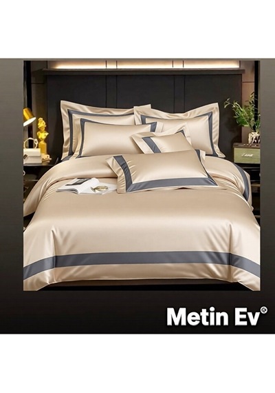 %100 Pamuk Saten 6 Parça Tek Kişilik Premium Nevresim Takımı Ekru