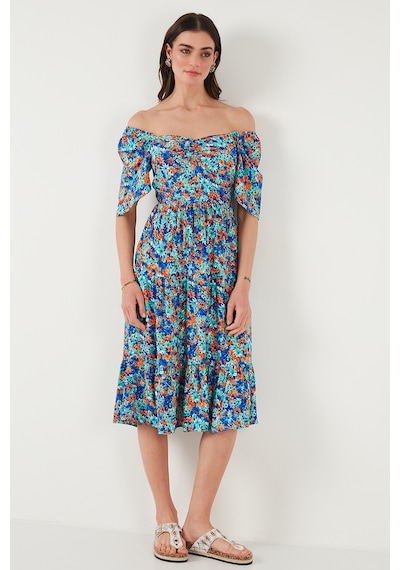 Lela Desenli Oversize Fit Carmen Yaka Büzgü Detaylı Midi Boy Bayan Elbise 67810557 Saks