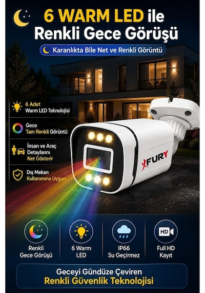Fury 5mp Lens 1080p 6 Warm Led Renkli Gece Görüşlü Ip66 Dış Mekan Geniş Açılı Güvenlik Kamerası