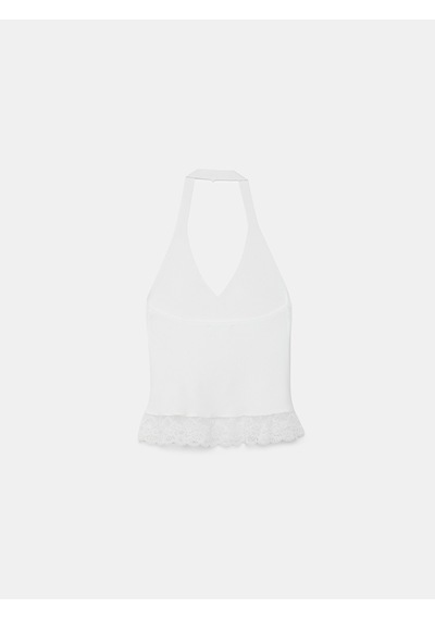 Dilvin 10868 Dantel Detaylı Halter Yaka Triko Bluz-beyaz