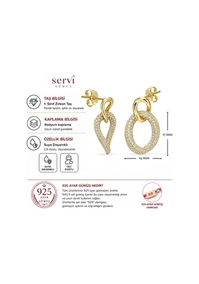 Servi 925 Ayar Gümüş Pavé Damla Küpe -23 Altın - Gümüş