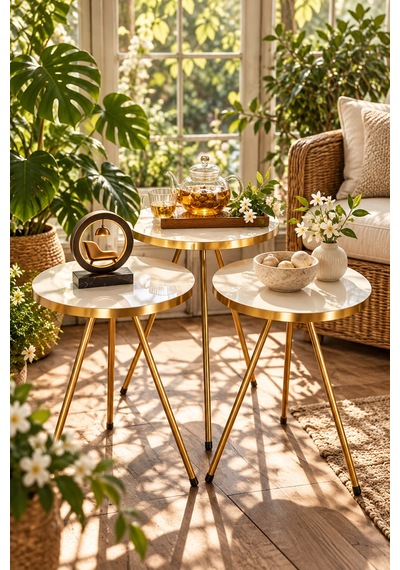 Odera Gold Krem Yuvarlak Zigon Sehpa 3'lü Set Metal Ayaklı Modern Salon Sehpası Diğer