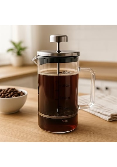 Borosilikat Cam French Press 350ml - Paslanmaz Çelik Filtreli Ölçekli Kahve Ve Bitki Çayı Demliği - Isıya Dayanıklı Kişisel Kupa - Metal Kapaklı Açık Bej