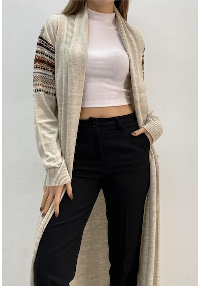 Onno Style Woman Spor Triko Kilim Desenli Uzun Hırka Taş