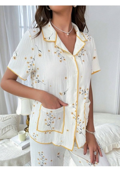 Bella Notte Çiçek Baskılı Cep Detaylı Düğmeli Günlük Pijama Takımı Beyaz