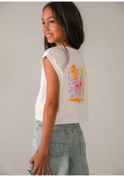 Mayoral Baskılı Kolsuz Kız Çocuk T-shirt 6014 Beyaz
