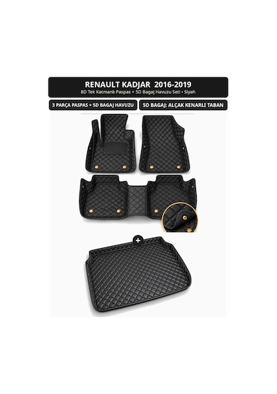 Renault Kadjar 2016-2019 Uyumlu 8d Tek Katmanlı Paspas + 5d Bagaj Havuzu Seti Siyah