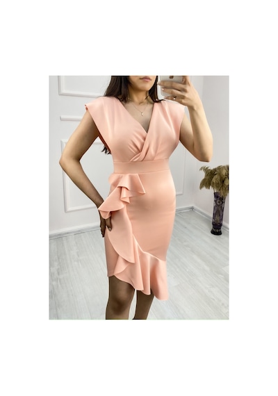 Butik İstanbul Scuba Kumaş Önü Fırfırlı Midi Boy Elbise Somon Butik İstanbul Scuba Kumaş Önü Fırfırlı Midi Boy Elbise Somon