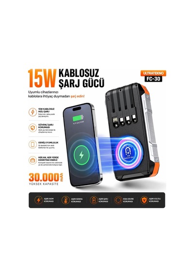 Fc-30 Solar Powerbank 30000 Mah, Pd 22.5w Hızlı Şarj, 15w Kablosuz Şarj, Güneş Panelli, Dahili Kablolu, Çift Led