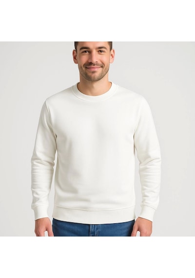 Erkek Üç İplik Düz Bisiklet Yaka Sweatshirt - Beyaz Beyaz