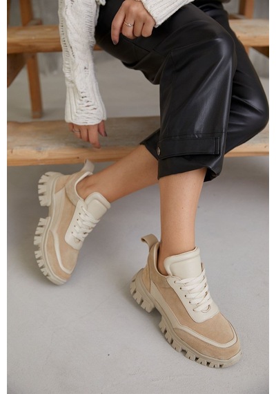 Diora Bej Süet Deri Bağcıklı Kadın Sneakers-Bej
