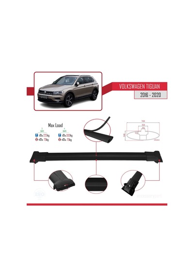 Volkswagen Tiguan 2016-2020 Arası İle Uyumlu Fly Model Ara Atkı Tavan Barı Siyah 3 Adet Bar