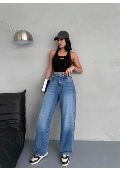 Baloon Fit Dikiş Detaylı Balta Cepli Dark Blue Jean Mavi