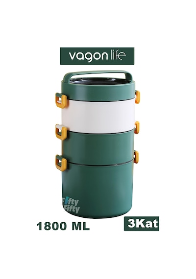 Vagonlife Lunch Box 3 Katlı Büyük Boy 1800 Ml Ofis-okul İçin Yeni Nesil Sefer Tası-fflbox3kat1800ml Yeşil
