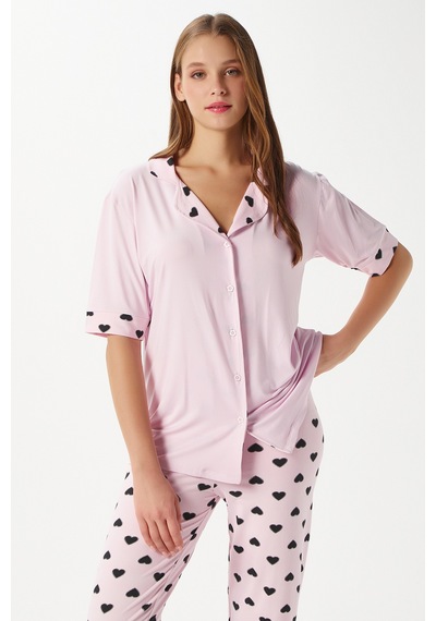 Kadın Lily Yumuşak Doku Pembe Kalpli Ön Düğmeli Kısa Kollu Pijama Takımı Pembesiyah Pembe - Siyah