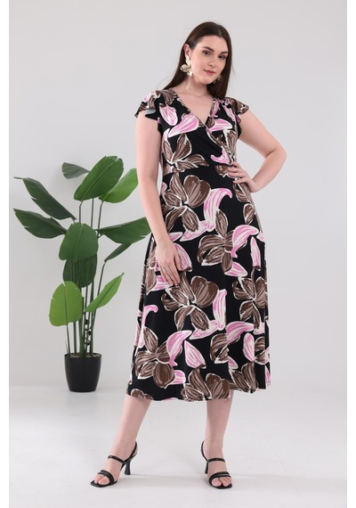Madwilo Kadın Pembe Floral Desen Fırfır Kol Kruvaze Yaka Büyük Beden Esnek Maxi Elbise