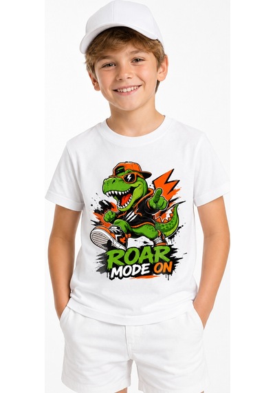 Bayloranzzo Roar Mode On %100 Pamuk Premium Kalite Erkek Çocuk Tişörtü Beyaz