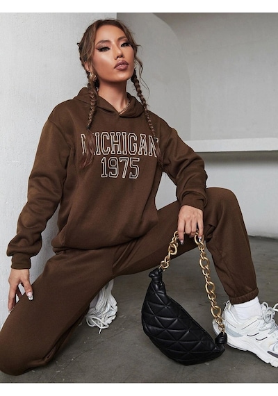 Michigan 1975 Eşofman Takımı Sweatshirt Jogger - Kahverengi Baskılı Oversize Şardonlu Kapüşonlu Kahverengi Michigan 1975 Eşofman Takımı Sweatshirt Jogger - Kahverengi Baskılı Oversize Şardonlu Kapüşonlu Kahverengi