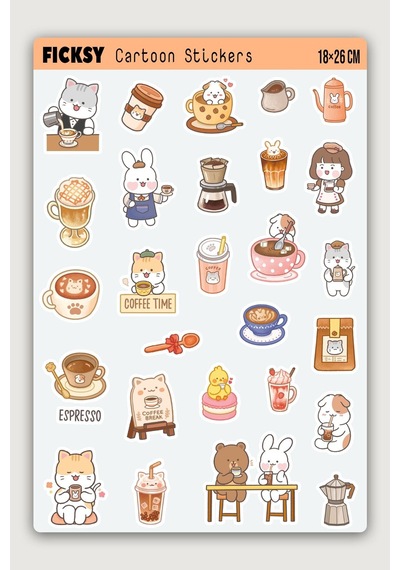 Kawaii Stili Sevimli Hayvanlar Kahve Tutkunu Temalı Sticker Seti - 27 Adet Etiket Çıkartma Diğer
