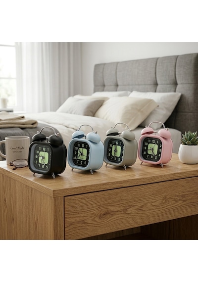 Twin Bell Alarm Clock Bgc-13 Kare Masa Çalar Saat Metal Kasa, Renkli, Pilli & Işıklı, Fosforlu