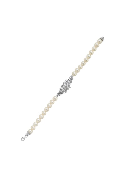 7,5 Mm Çiçek Tasarımlı Zirkon Taşlı Doğal İnci Bileklik 18 Cm / Beyaz Gümüş