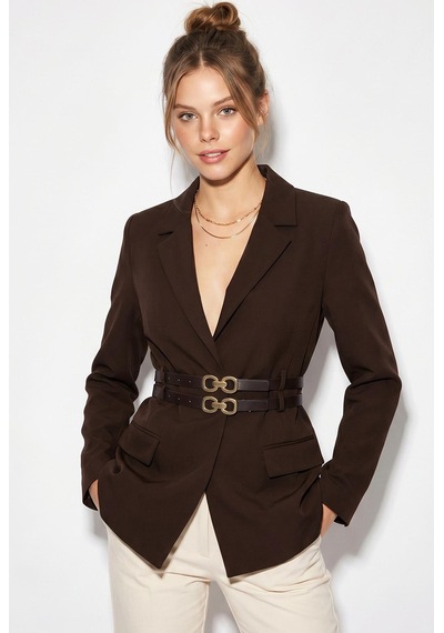 Shade Kadın Astarlı Çift Kemer Detaylı Klasik Blazer Ceket 8151 60286140 - Acı Kahve Kahverengi