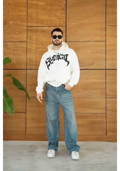 Novalisse Erkek Kapüşonlu 3 İplik Şardonlu Önü Baskılı Fermuarlı Oversize Sweatshirt - Beyaz Çoklu Renk