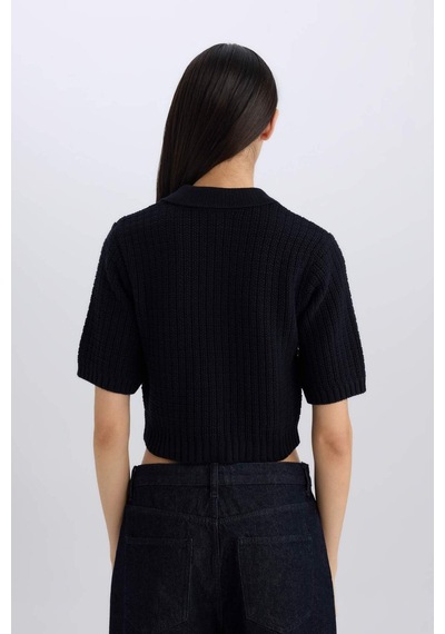 DeFacto Cropped Fit Gömlek Yaka Düğmeli Triko Kısa Kollu Hırka E1977AX24WNNV134