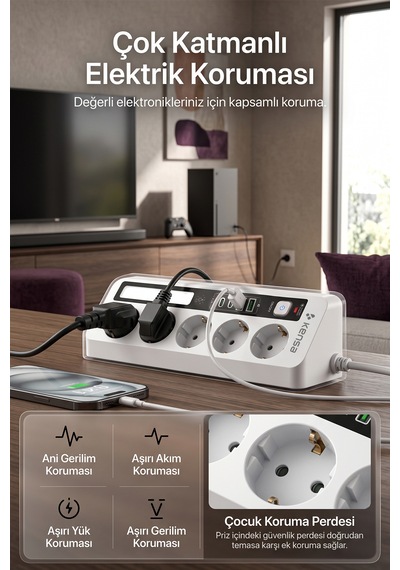 Akım Korumalı Dokunmatik Led Işıklı Priz 5'li + 2x Usb-a + 2x Usb-c 2 Metre Kablo 2 M