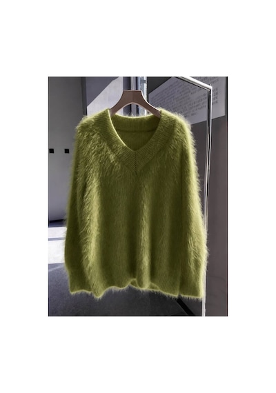 De Pose Kadın Oversize Peluş Yumoş Tüylü V Yaka Basic Triko Kazak Yeşil