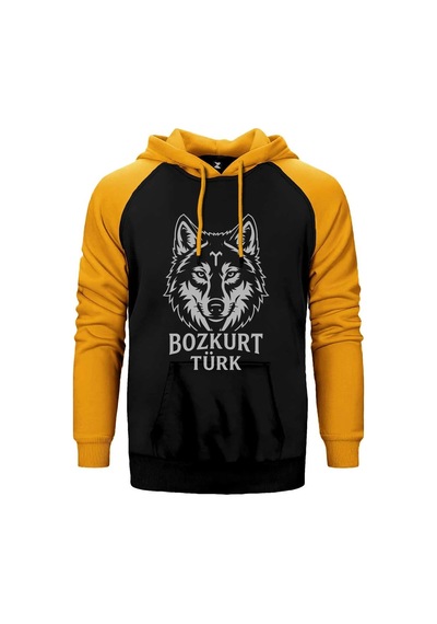 Beyaz Çizgisel Kurt Başı Bozkurt Türk Yazılı Baskılı Sarı Renk Reglan Kol Sweatshirt / Hoodie