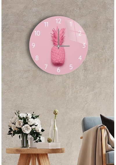 Çap 37 Cm Pembe Ananas Dekoratif Cam Saat Pembe