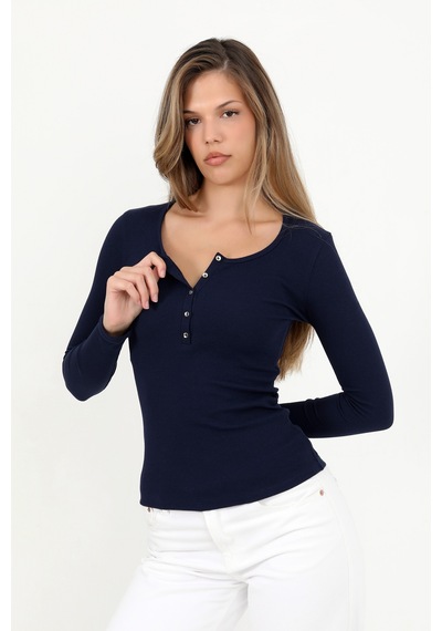 Hdm Kadın Lacivert Uzun Kollu Fitilli Patlı Düğmeli Basic Örme Bluz - H6162