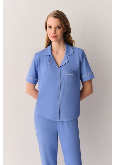 Suwen Misty Gömlek Yaka Pijama Takımı Sh26629660b1414 Mavi