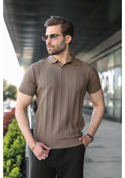 Madmext Açık Kahverengi Slim Fit Polo Yaka Triko Erkek Tişört E7491