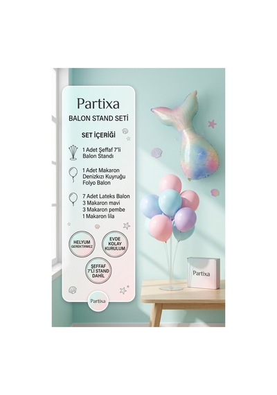 Makaron Denizkızı Kuyruğu Balon Stand Seti Şeffaf 7 Li Stand + Makaron Denizkızı Kuyruğu Folyo Balon + 7 Lateks Balon