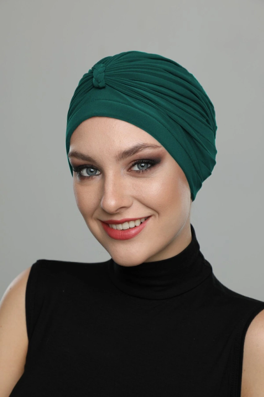 Elysianfidan Örgülü Yeşil Hazır Türban Tesettür Havuz Bonesi Hürrem