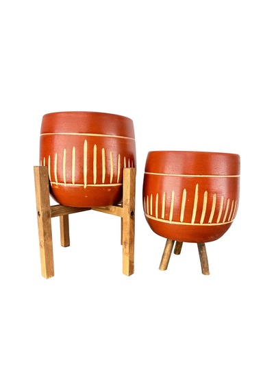 Bitki Tasarımı Ev Dekorasyon Aksesuar Dik Çizgi Desenli Toprak Saksı Saksılık Salon Çiçeklik İkili Set 3 Ayaklı- 4 Ayaklı- 19 CM