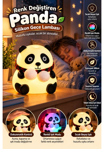 Sevimli Panda Silikon Gece Lambası Renkli Işık Modu Dokunmatik Kontrollü Aydınlatma Diğer