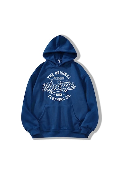Vintage Baskılı Oversize Sweatshirt Mavi