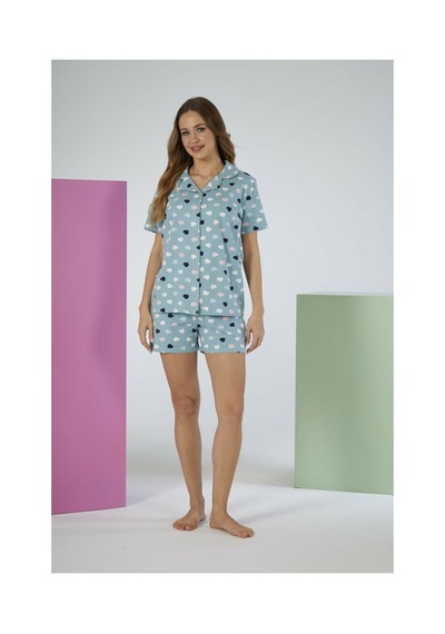 Estiva Kadın Yazlık Kalp Desenli Önden Düğmeli Şortlu Penye Lycra Pijama Takımı Yeşil