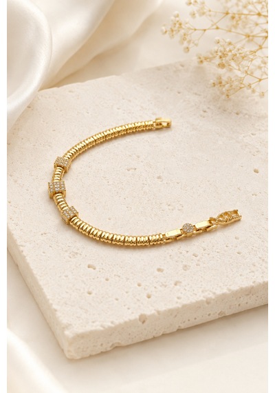 Balenbi Jewelry Kadın Üçlü Taşlı Kare Detaylı Esnek Zincir Kararmaz Çelik Bileklik 14k Gold 1143 Altın