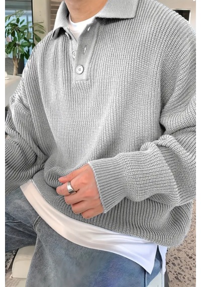 Cool Tarz Erkek Gri Düğmeli Regular Polo Yaka Triko Kazak Gri Gri