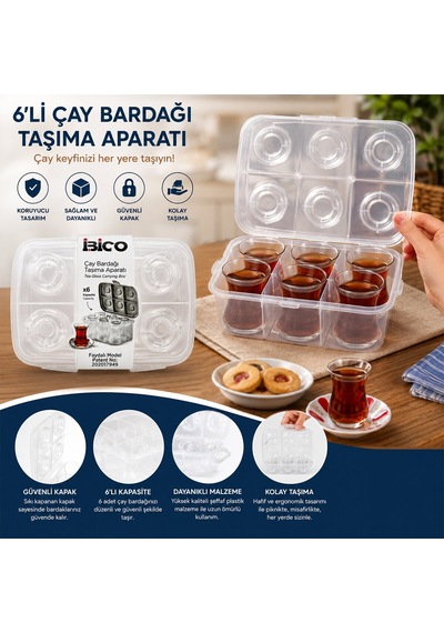 İbico K17-001 Taşıma Aparatı 6'li Çay Bardak Şeffaf Plastik - 24'li Paket