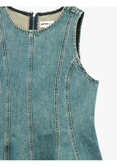 Koton Pamuklu Bisiklet Yaka Fermuarlı Nervürlü Kolsuz Denim Bluz Ovd 6sal30031md