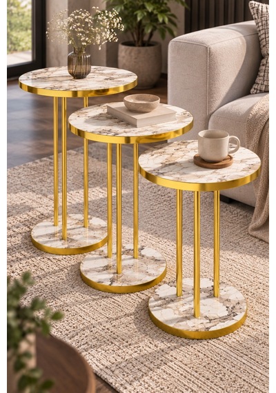 Sulorahome Efes Mermer Desenli Beyaz Ve Gold Metal Ayaklı 3'lü Zigon Sehpa Takımı Tablalar Beyaz Mermer / Ayaklar Gold