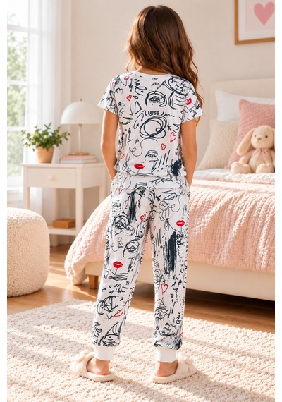 Luess Çocuk Baskılı %100 Pamuk Suprem Pijama Takımı-Beyaz