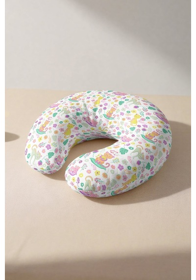 Renkli Kedi Çiçek Desenli Boyun Yastığı - Pastel Sarı Pembe Yeşil Çocuk & Yetişkin Seyahat Yastığı Çok Renkli